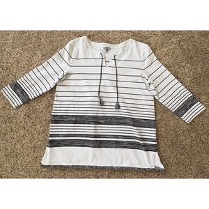 T by Talbots V Neck 3/4 Sleeve Womens L Striped Fringed Grandma Coastal Casual